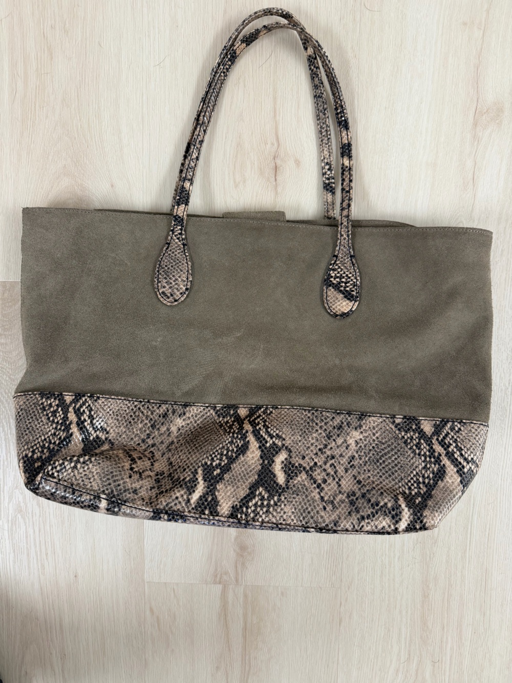 Talbots Taupe Suede Tote with Snake-Print Trim